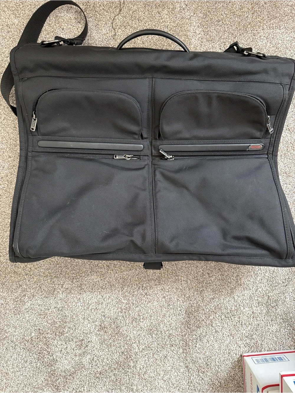 Tumi Bifold Black Travel Garment Bag with Multiple Front Pockets
